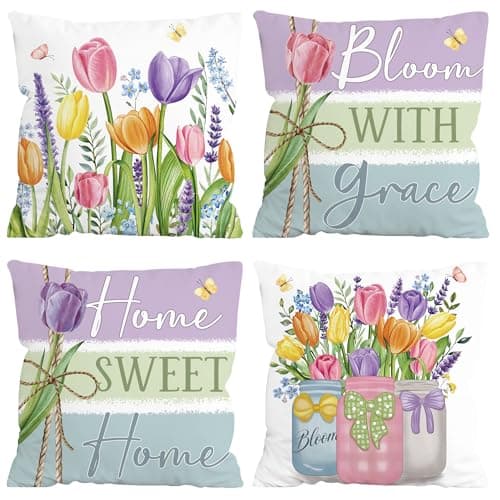 FUTBU Spring Throw Pillow Covers Set of 4, Spring Tulips Home Sweet Home Cushion Case, Bloom with Grace Colorful Decoration for Sofa Couch 18x18 Inch