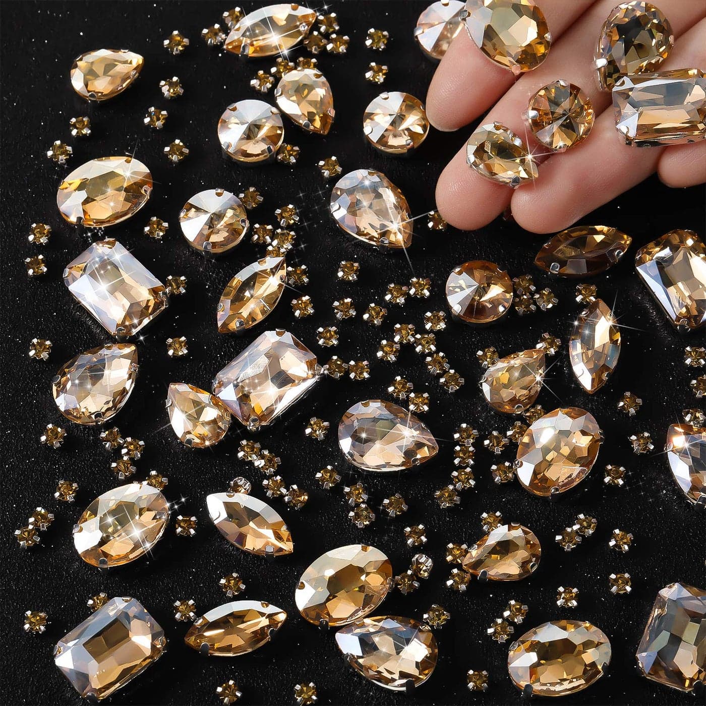 WILLBOND 156 Pcs Sew on Rhinestones Claw Flatback Crystal Rhinestones Metal Prong Setting Gems Acrylic Glass Sewing Gems for Clothes DIY Craft Shoes Dress Jewelry MakingGolden Champagne