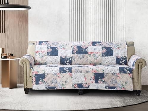 Brilliant Sunshine Roses in Beige Couch Cover, Traditional Lively Patchwork Design, Quilted Large Sofa Slipcover, 70" Seat Width, Washable, Slip Resistant Furniture Protector, 2" Strap, Vintage Indigo