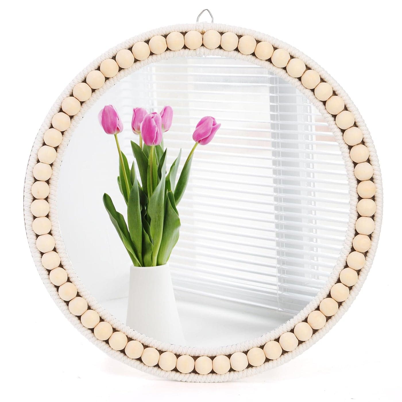 Eorbow Boho Wall Mounted Mirror 12 Inch Round Wooden Bead Hanging Mirrors Rustic Decorative Vanity Mirror Farmhouse Circle Decor Mirrors for Living Room Bedroom Bathroom Nursery