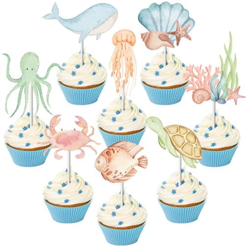 Fangleland Under The Sea Cupcake Toppers Birthday Cake Decorations Ocean Animal Theme Cupcake Picks Ocean Creature Whale Turtle Octopus Fish Cupcake Birthday Baby Shower Party Supplies