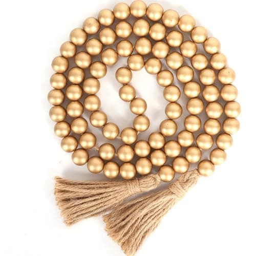 58in Wood Bead Garland with Tassels, Farmhouse Rustic Country Decor Prayer Boho Wall Hanging Decoration (Gold)
