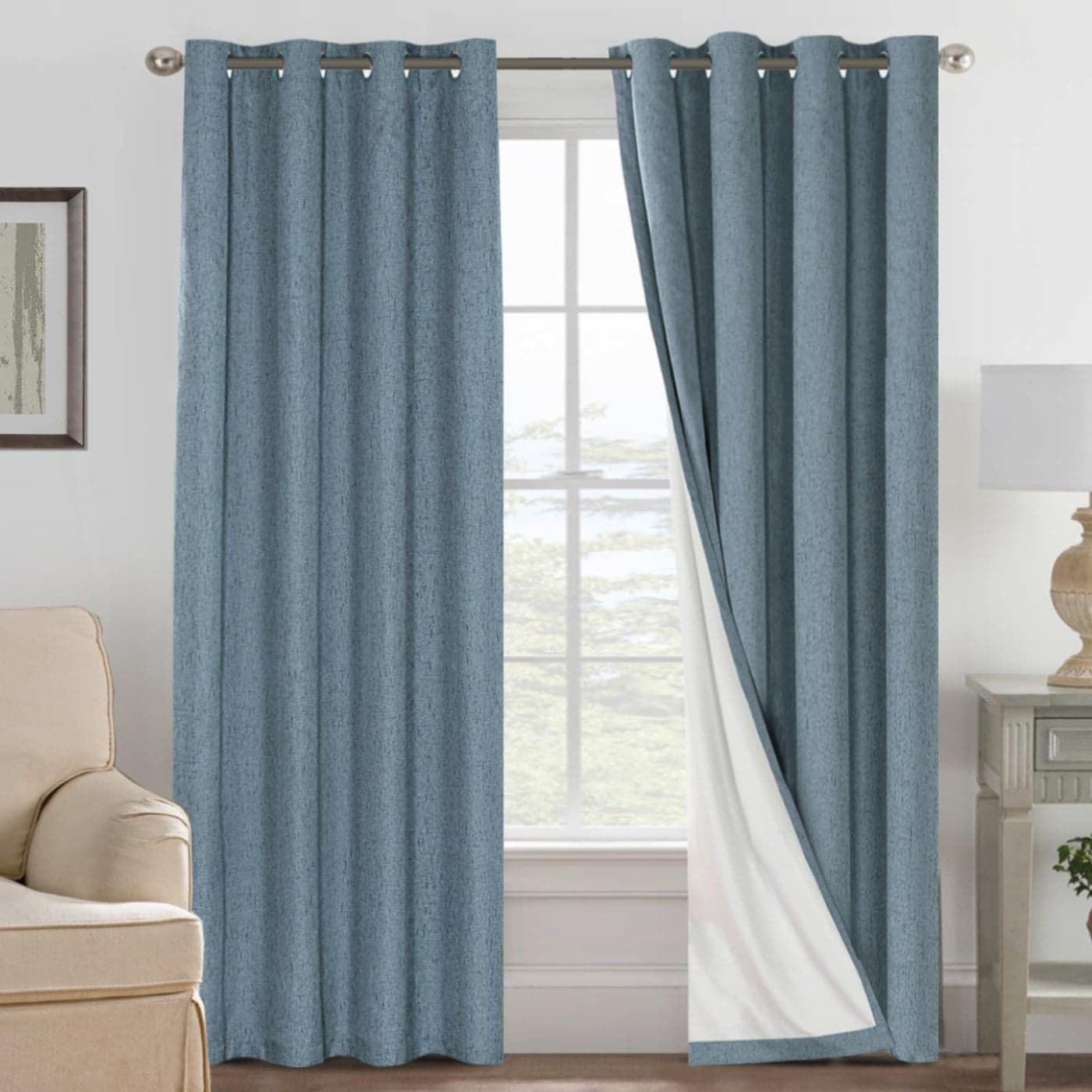 HVERSAILTEX Linen Blackout Curtains 84 Inches Long 100 Blackout Thermal Insulated Textured Linen Look Curtain Draperies AntiRust Grommet Energy Saving with White Liner 2 Panels Stone Blue