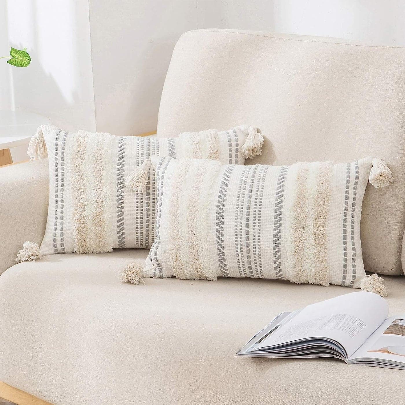 decorUhome Decorative Boho Throw Pillow Covers 12x20 Set of 2 Lumbar Accent Neutral Textured Tufted Pillow Covers Striped for Couch Bed Sofa Living Room Beige and Cream White