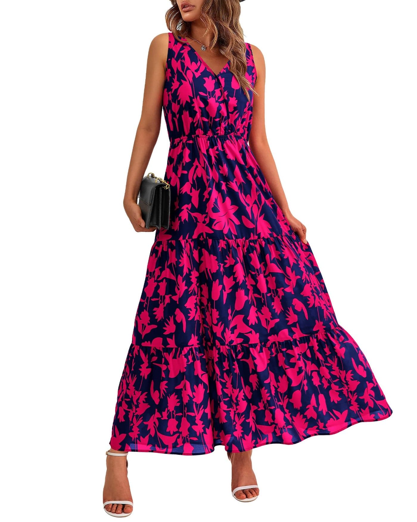BTFBM Women Summer Dresses Casual Sleeveless Maxi Dresses Cute Floral Long Dress Wedding Guest Dress(Navy Rose Red Flower,Small)