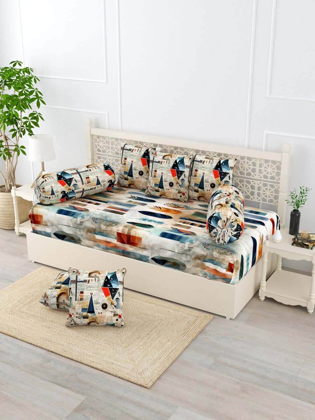 EVER HOME Diwan Set Covers Cotton 8 Pieces Pure Cotton Digital Printed Standard Diwan Set (1 Single Bedsheet, 2 Bolster Covers, 5 Cushion Covers) (EHSDAB03)