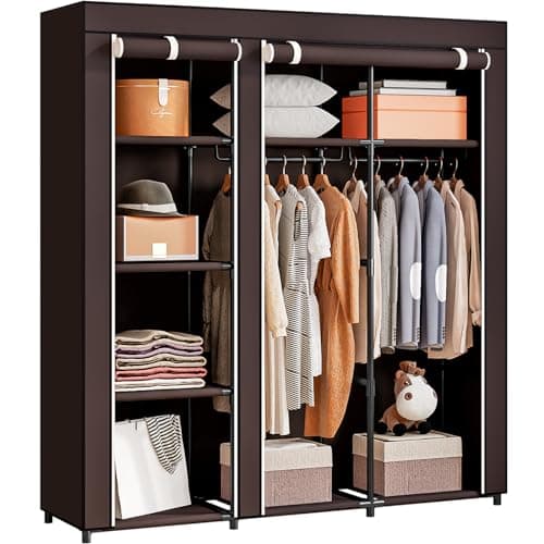 SORCEDAS Portable Wardrobe Closet Storage Organizer Metal Hanging Rack NonWoven Fabric Coffee 51 Inch