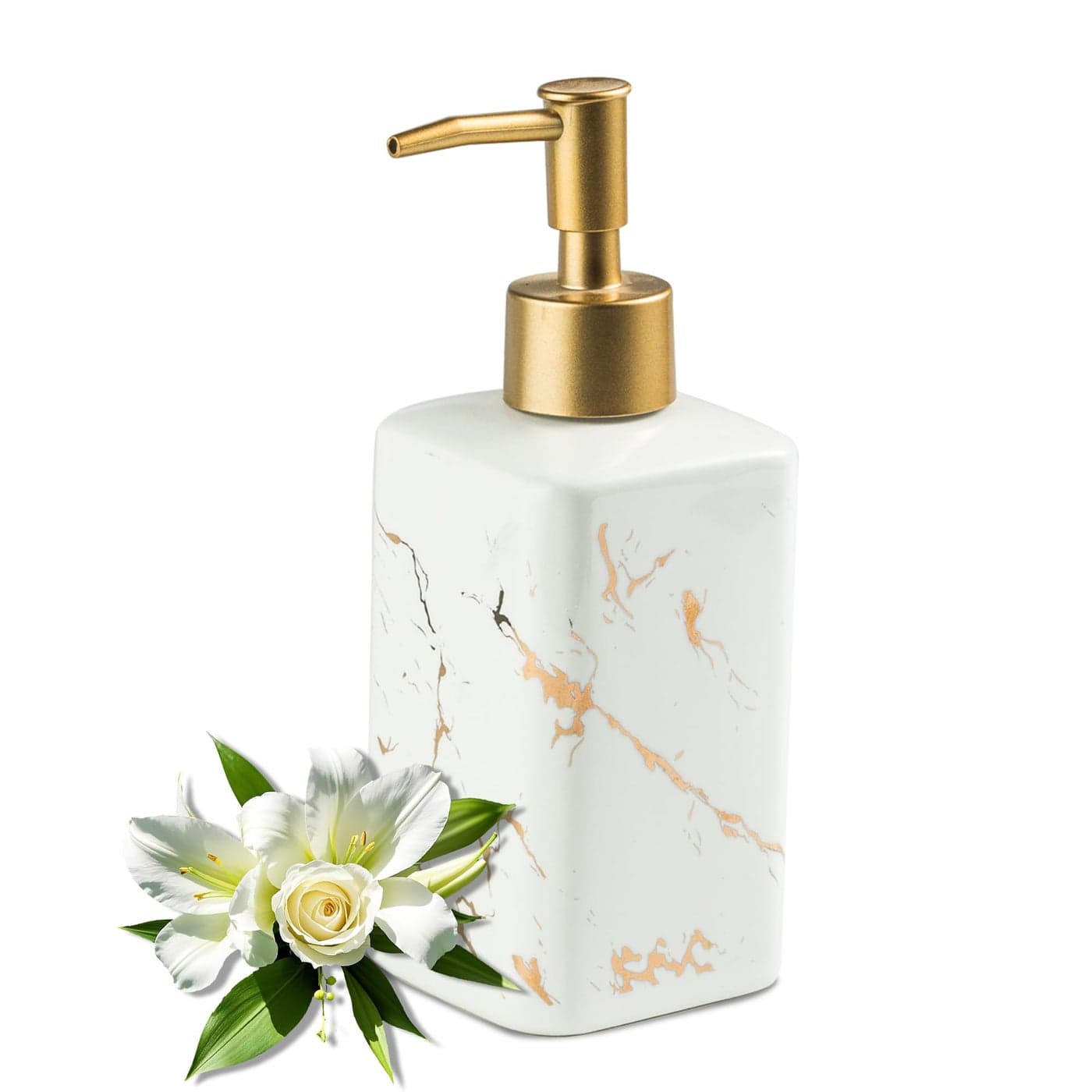 Gold Soap Dispenser for Bathroom Countertop Square White Ceramic Pump Bottle With Golden Stripes for Kitchen Sink Laundry Shower Lotion