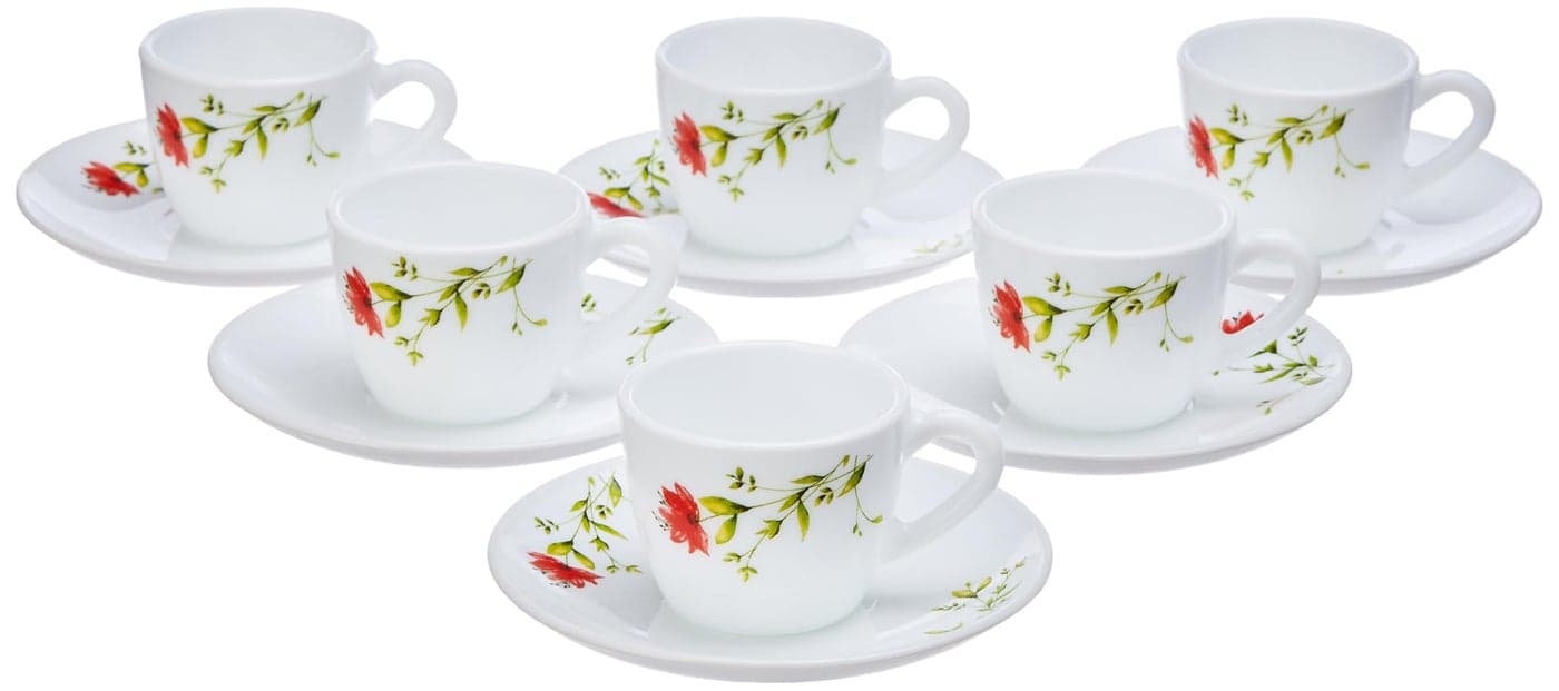 Larah by BOROSIL Oriental Opalware Cup and Saucer Set of 12 pcs | Tea/Coffee Cups 90 ml | Microwave & Dishwasher Safe | Bone-Ash Free | Crockery Set Ideal for Daily Use & Gifting, White