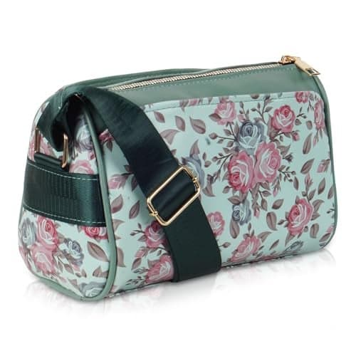 Floral Printed Sling Bags for Women with Broad Strap Multiple Compartments Stylish Latest Ladies Purse Big Size Shoulder Hand Bags Wide Belt Crossbody Side Bag College Girls Party Daily Use (Green)