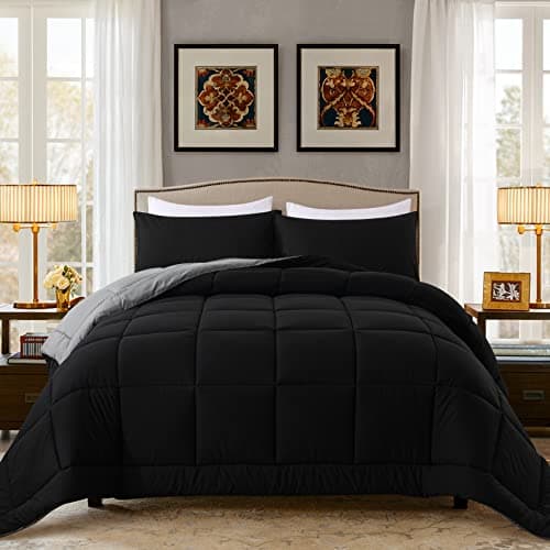 DOWNCOOL King Size Comforter Set All Season Bedding Comforters Sets with 2 Pillow Cases 3 Pieces Bed Set Down Alternative King Bedding Set BlackGrey King Comforter Set102x90