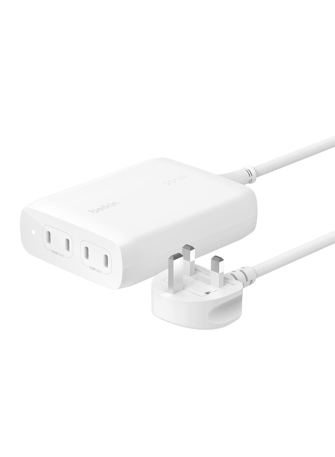 200 mAh BoostCharge Pro 4-Port USB-C GaN Wall Charger, 200W Multi-Port Charger w/ USB-C PD 3.1 Fast Charge + 5ft Power Cord for MacBook Pro, iPhone 16 & 15 Series, iPad Pro, Galaxy S24, Pixel & More White