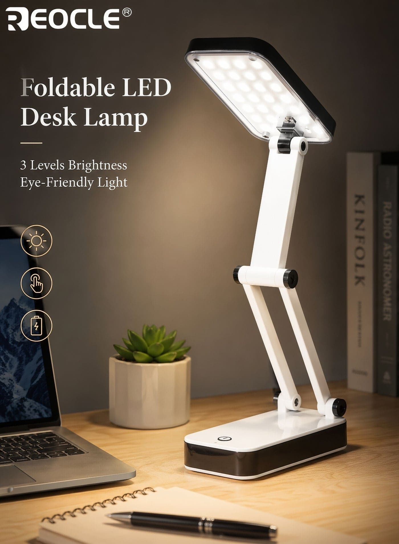 Foldable LED Desk Lamp with Eye Protection USB Charger 3-Level Adjustable Brightness Portable Reading Lamp Ideal for Dorm Rooms Bedside Office School