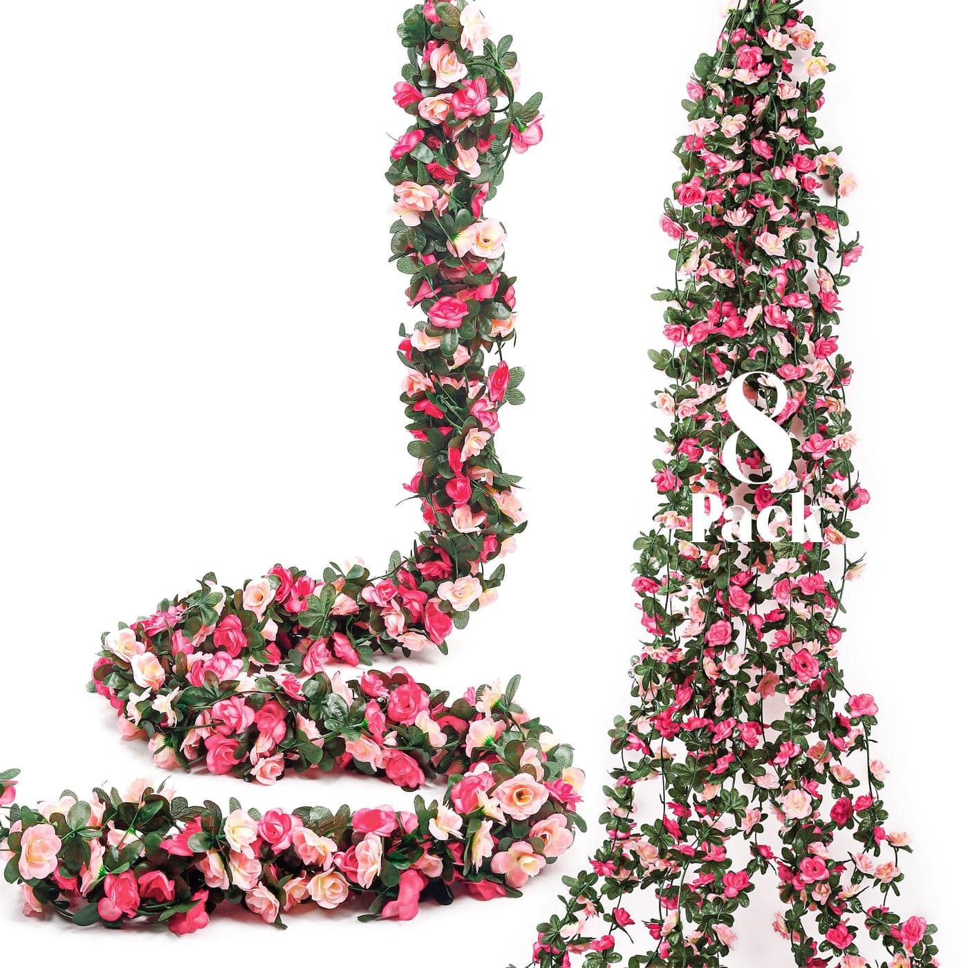 Miracliy 8Pcs 66FT Pink Flower Garland Artificial Rose Floral Vines Fake Hanging Spring Flower Garland for Wall Backdrop Wedding Arch Tea Party Door Mantle Decoration