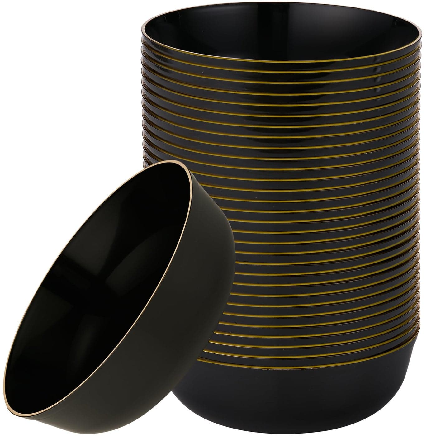 30 Pack 16 OZ Bowls Edge Collection Black with Gold Rim Plastic Party Soup Bowls Premium heavyweight Elegant Disposable Tableware Dishes