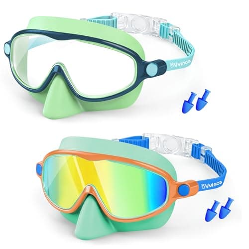 Vvinca 2 Pack Kids Swim Goggles with Nose Cover, Wide View Anti-Fog UV Protection Swimming Mask for Boys Girls Ages 3-14, No Leak Pool Goggles for Toddlers