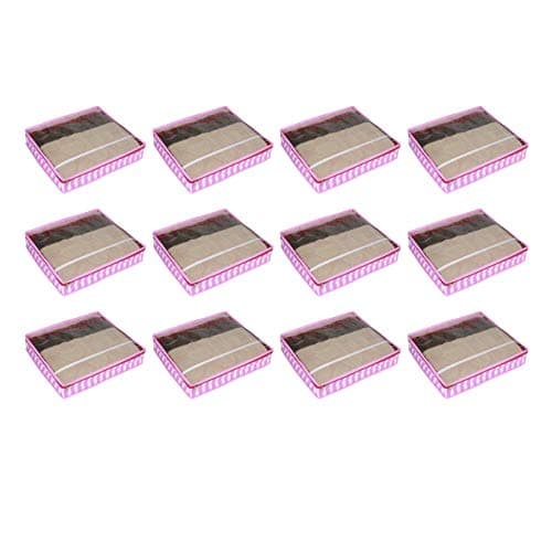 PrettyKrafts Transparent Saree Cover Bag With Stainless Steel Zip Lock Quilted Stiching, Clothes Storage Bag, Storage Organizer Bag, Wardrobe Organizer, Size (15X12X15 In) (Pack of 12), Pink Stripes