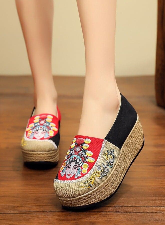 Peking Opera Mask Embroidered Canvas Sneakers - Women's Handmade Cotton Linen Slip-On Platform Shoes with Thick Sole 3.5 cm Height