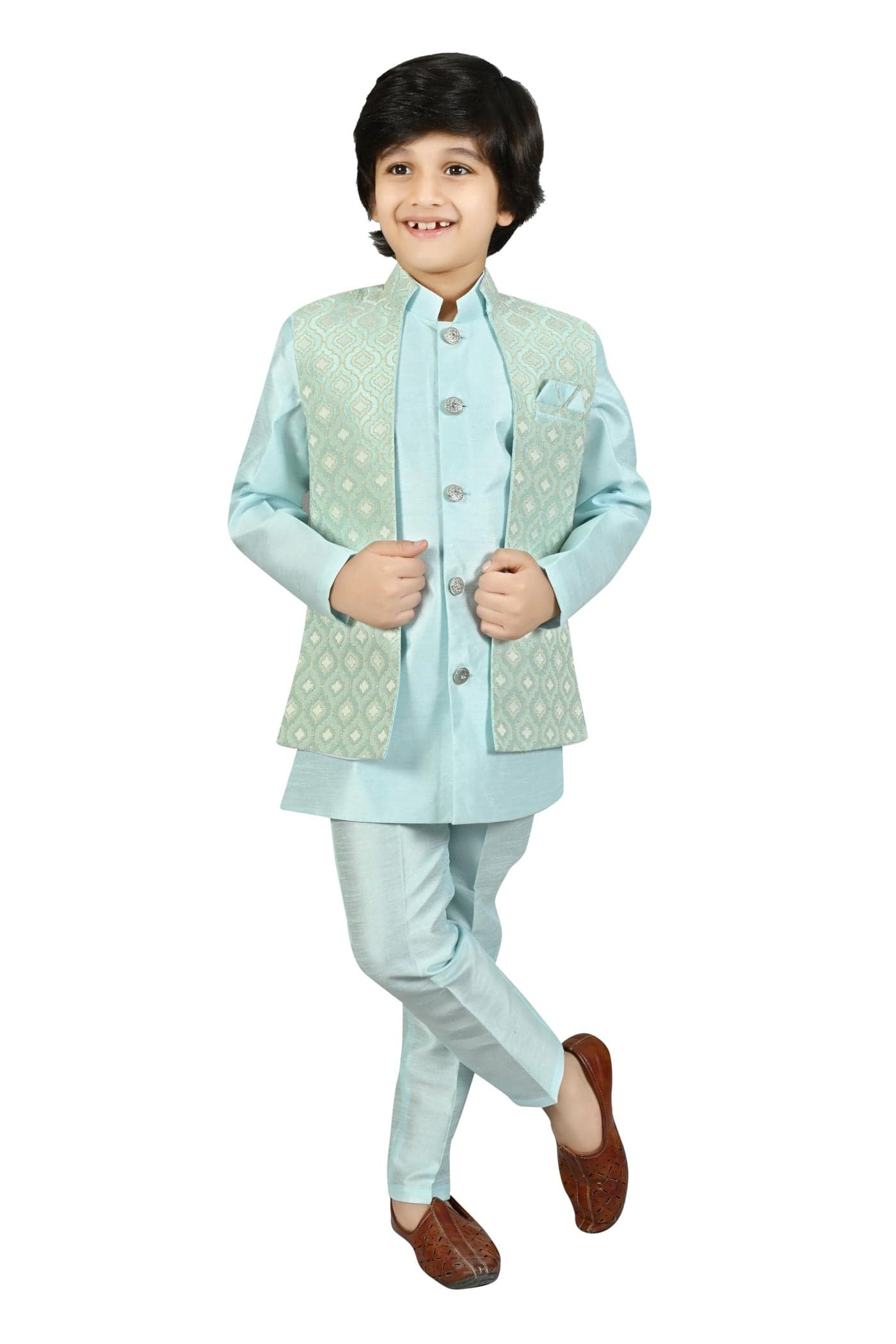 AHHAAAA Kids Indian Ethnic Velvet Waistcoat Silk Kurta Pyjama Set Bollywood Style Wedding Ethnic for Boys (Turquoise, 9-10 Years), Solid