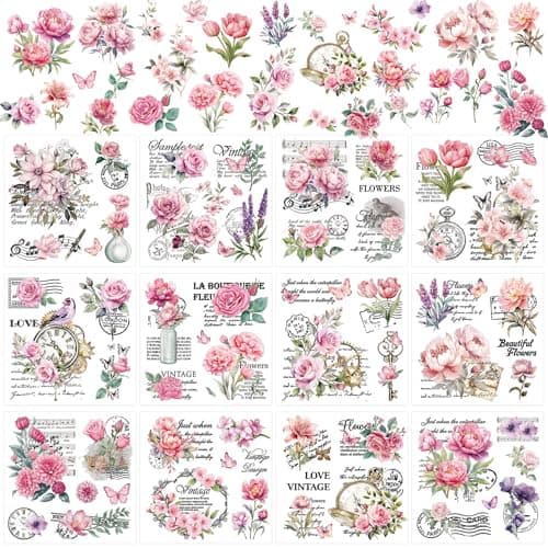 Vintage Floral Rub on Transfers for Crafts 12 Pcs Pink Flower Rub on Transfers for Furniture Rub on Sticker Decals UV DTF Transfer Stickers DIY Crafts for Wood Glass Furniture Home Decor