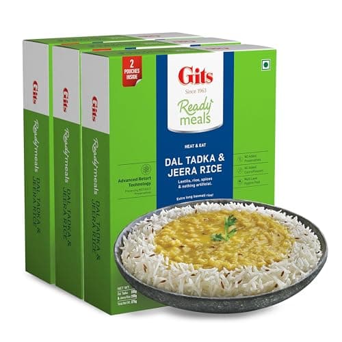 Gits Ready to Eat Jeera Rice + Dal Tadka Combo Indian Meal, Pure Veg Heat and Eat, 1125g (Pack of 3 X 375g Each)