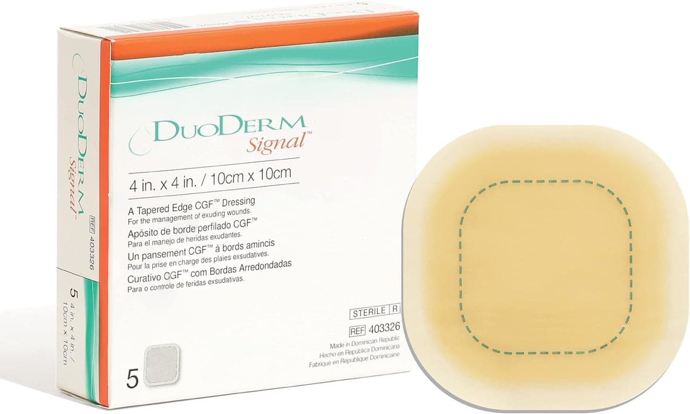 ConvaTec DuoDERM Signal CGF 4"x4" Hydrocolloid Tapered Edge Sterile Adhesive Dressing with Change Indicator for Exuding Wounds, Waterproof, Latex-Free, Flexible, Square, Beige, 5ct Box