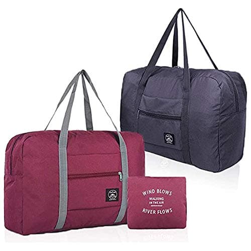 2 Pack Foldable Travel Bag Waterproof Travel Duffel Bag,Women Ladies Man Canvas Weekender Bag Overnight Carry-on Tote Duffel in Trolley Handle (Black&Rred)…