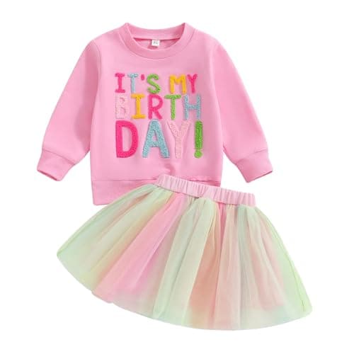 SAYOO Toddler Baby Girls Birthday Outfits Birthday Girl Embroidery Letter Sweatshirt TopsRainbow Tutu Skirt Fall Clothes Rose Pink 34T