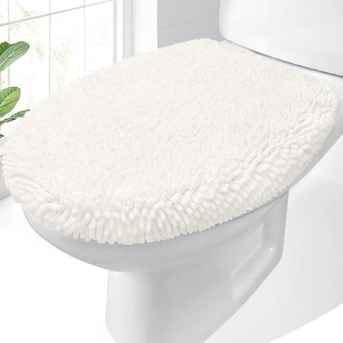 OLANLY Soft Chenille Bathroom Toilet Lid Cover Machine Washable Seat Covers 175x15 Stays in Place Rubber Backing Fits Most Round Elongated and Oblong Lids Accessories Decor Ivory