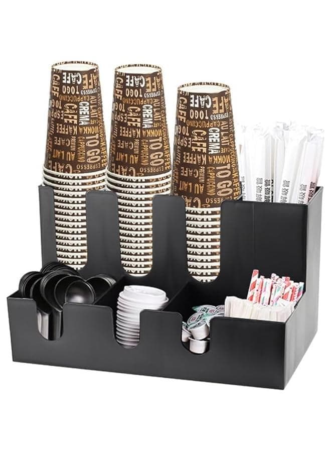 Coffee Condiment Organizer, Commercial Cup and Lid Holder, 9 Compartment Coffee Cup and Condiment Organizer, Breakroom Coffee Station Organizer for Coffee Milk Tea Shop Black