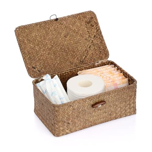 Sumnacon Small Wicker Basket with Lid Rectangle Woven Baskets for Toiletries Tampon Storage,Wicker Storage Basket with Lid,Decorative Seagrass Storage Baskets for Shelf Bathroom Toilet Table,Coffee