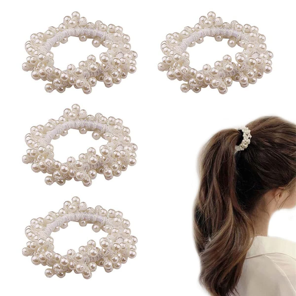 4 PACK Pearl Hair Ties White Weave Hair Scrunchies Stretch Hair Rope Accessories for Women and Girls
