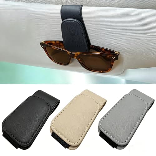 EldHus Sunglass Holder for Car Visor, Magnetic Car Glasses Holder Clip, Leather Eyeglass Holder for Car, Universal Vehicle Sunglasses Hanger Eyeglasses Mount, 1 Pack Black