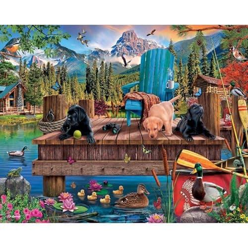 White Mountain 1000 Piece Jigsaw Puzzle Summer Dog Lake Day Puzzles with Large Piece for Adults and Family 24x30 Dock Dogs
