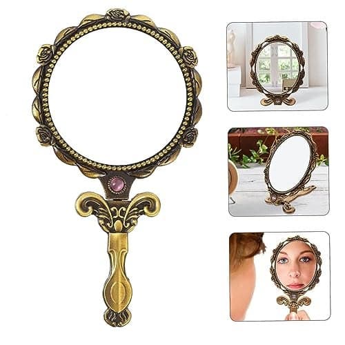 TOMATUS Metal Vintage Round Hand Mirror With Back Side Rose Design, Gold, Pack Of 1