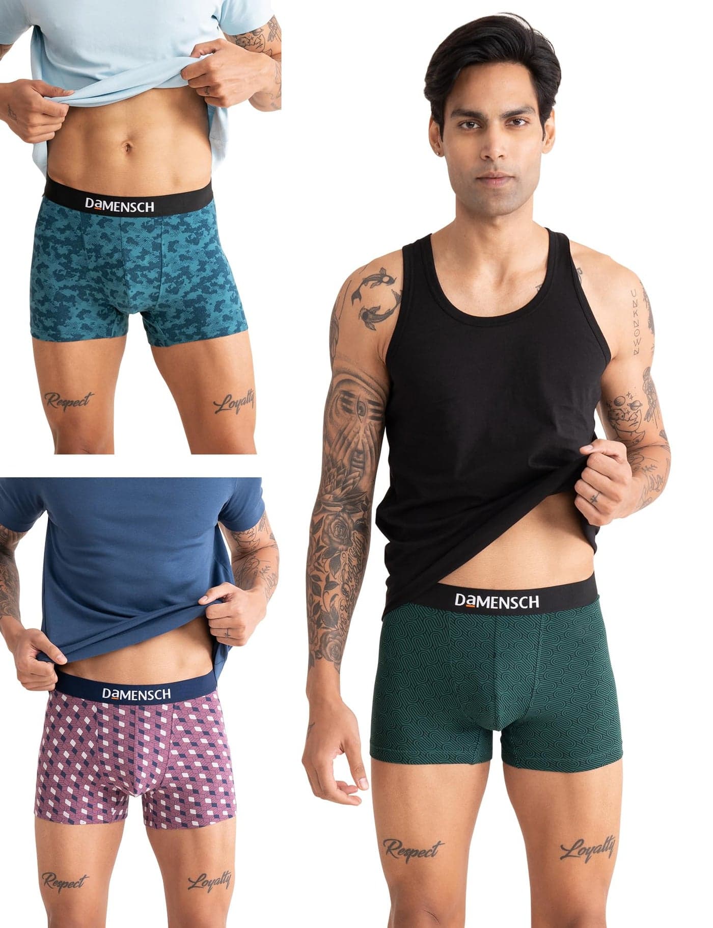 DAMENSCH Deo-Cotton Printed Underwear for Men Combo Breathable Inner, Cotton Trunks for Man Pack No-Marks Waistband, Moisture Wicking Underwear Pack of 3-Forest Biome, Tulipwood, Colonial Blue-L