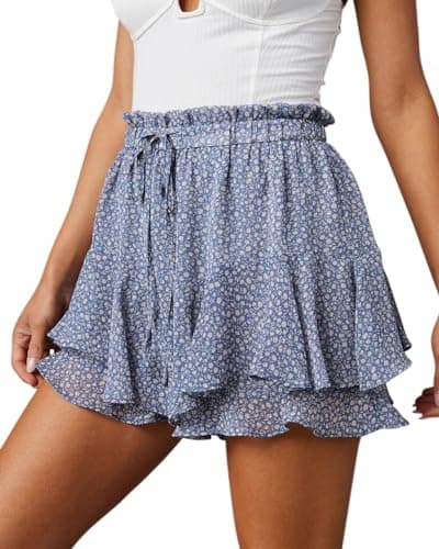 Aoudery Flowy Shorts for Women Casual Boho Floral Skorts Ruffle Mini Skirts Running Tennis Butterfly Chiffon Shorts - Floral Blue S
