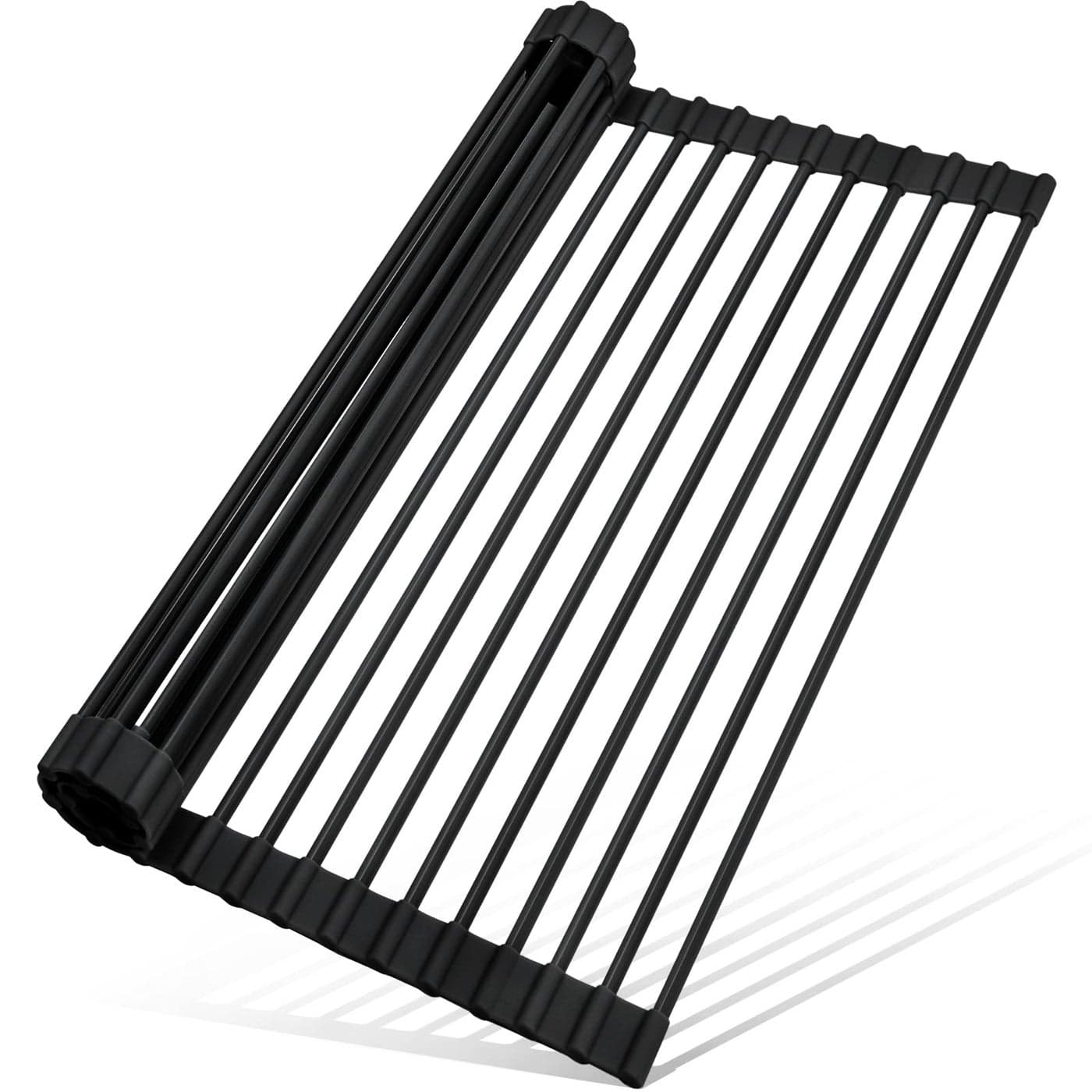 MERRYBOX Roll Up Dish Drying Rack Silicone Wrapped Over The Sink Dish Drying Rack Multipurpose Foldable Sink Drying Mat AntiSlip AntiRust Dish Rack for Kitchen 175 x 13 Black