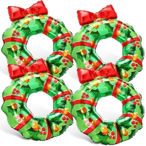 Hungdao 4 Pcs Large Christmas Wreath Foil Balloon Christmas Inflatable Balloon Outdoor Xmas Tree Wreath for Xmas Birthday Party New Year Holiday Festival Decorations