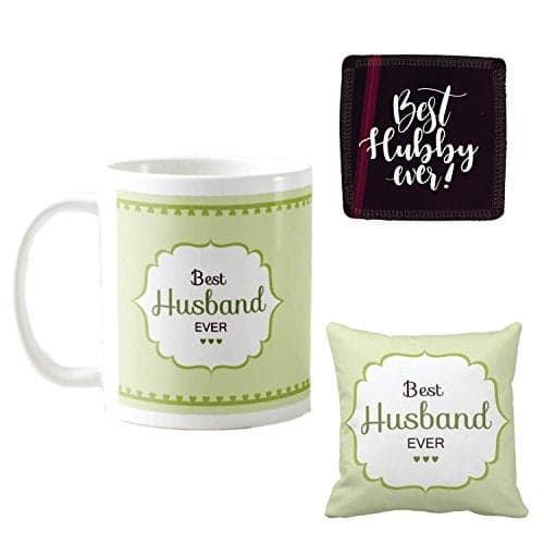 YaYa cafe Birthday Gifts for Husband, Best Husband Ever Coffee Mugs for Husband Hamper Set of 3 with Mug, Cushion Cover and Coaster