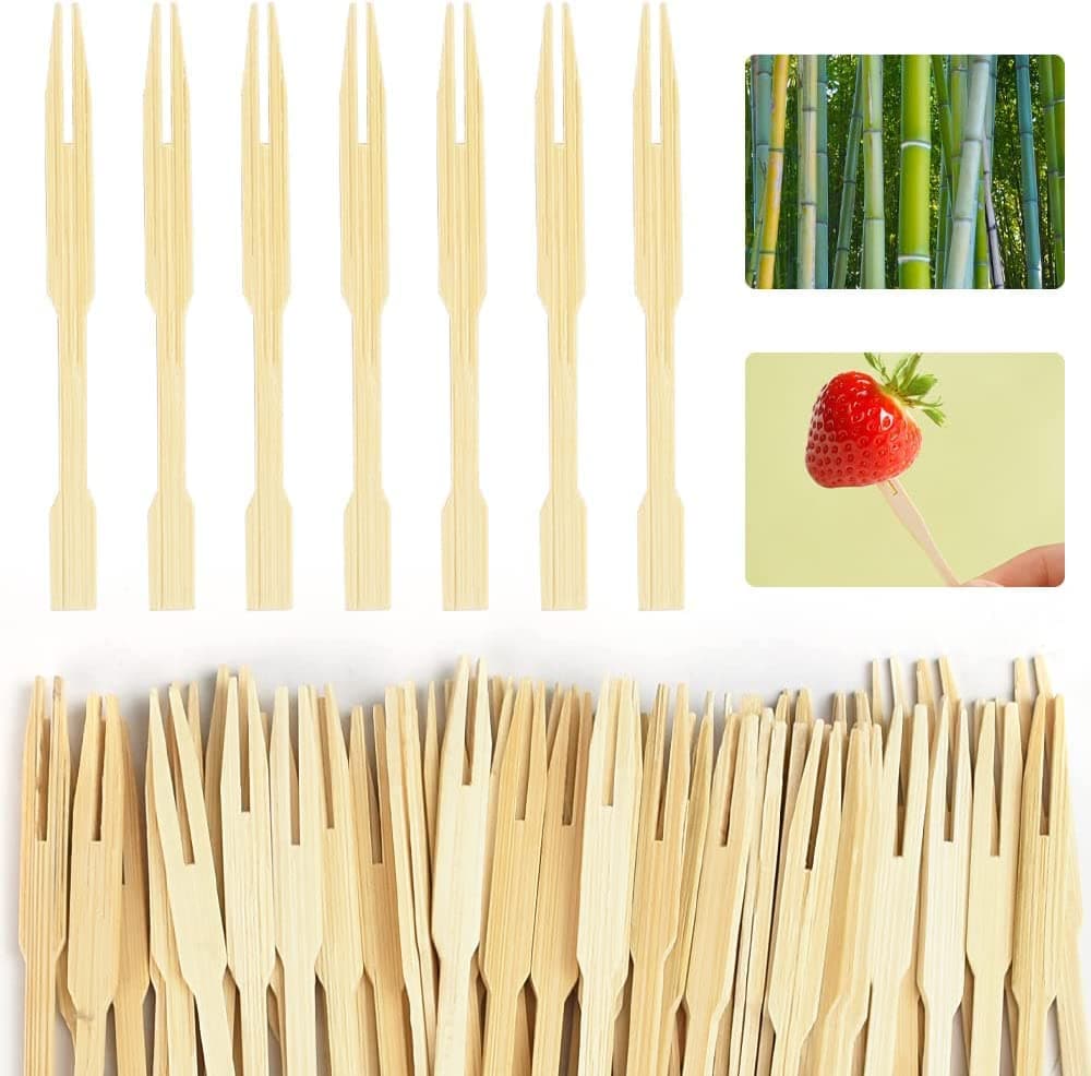 DNY 150Pcs Disposable Bamboo Wooden Fruit Canape Forks Bamboo Party Two Prongs Fruit Picks Blunt-end Cocktail(8.8cm/3.46in - Pack of 150 Forks