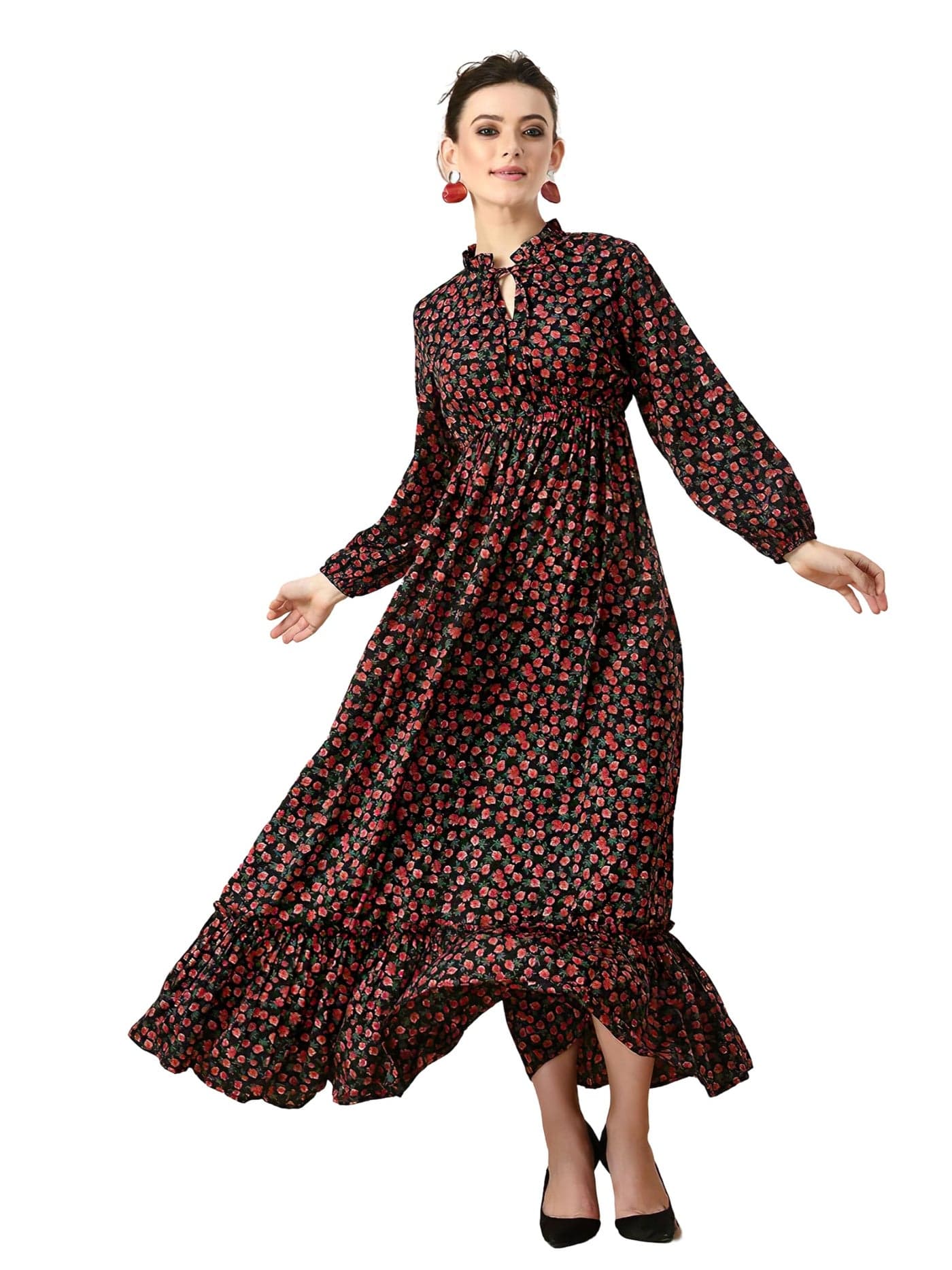 KZULLY | Floral Printed Maxi Dresses for Women | Long Sleeve Beautiful Floral Patterns | Stylish and Elegant Dress | Tie Neck