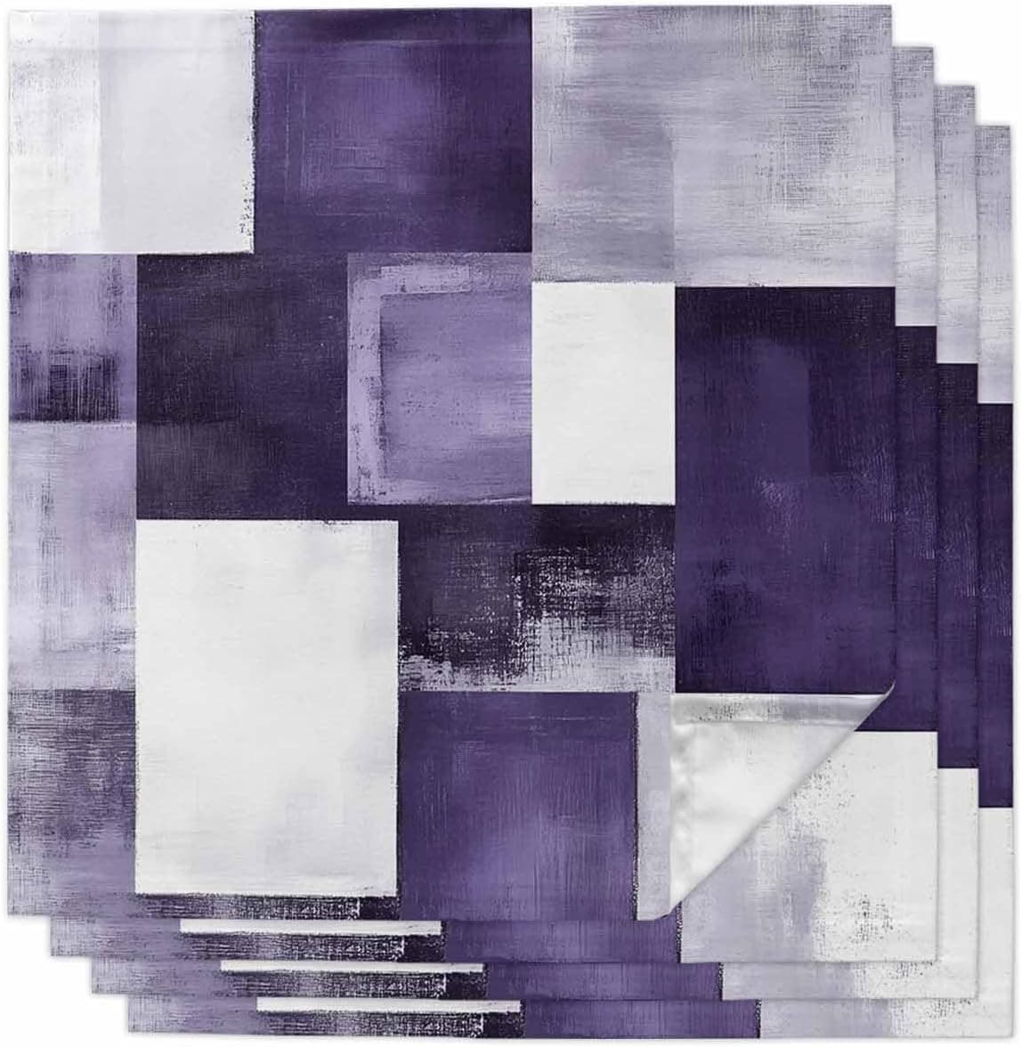 Purple Abstract Cloth Napkins Set of 4 Modern Rustic Geometric Reusable Dinner Napkins Cloth Color Block Plaid Washable Dinner Towel for Wedding Party Kitchen Table Decoration 20x20 Inch