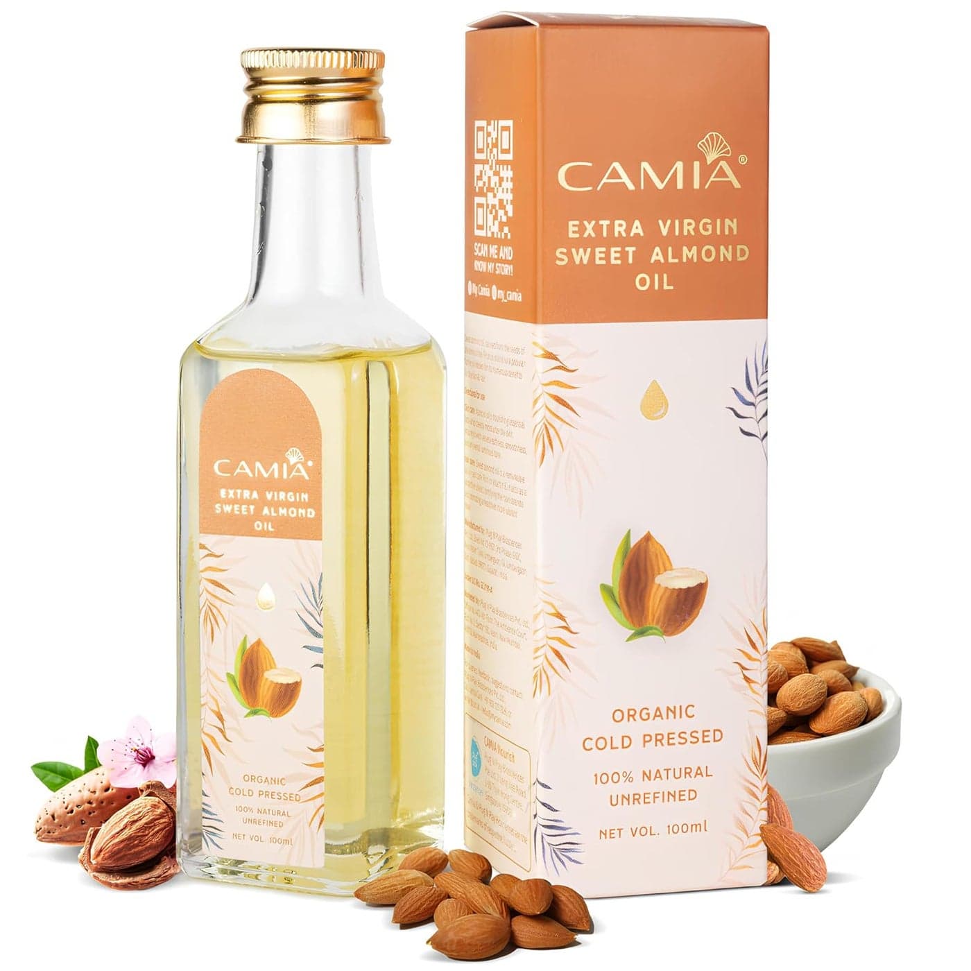 CAMIA Premium Sweet Almond Oil for Hair Growth Glowing Skin Face 100 Natural Odorless VitaminE Enriched Coldpressed Oil For Soft Shiny Dandruff Free Hair 100 ML Glass Bottle