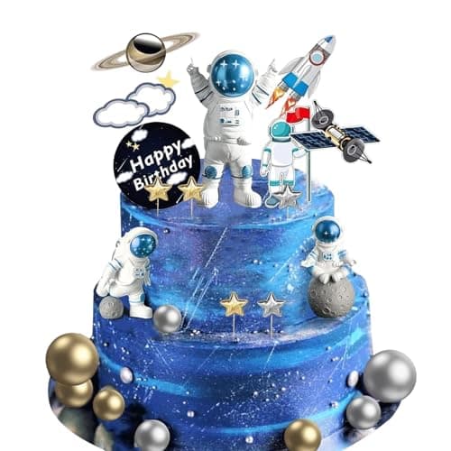 22Pcs Space Cake TopperSpace Cupcake Toppers Astronaut Figurine Birthday Outer Space Themed Party Decorations Supplies Planet Rocket Pearl Balls and Star DIY Cake Toppers