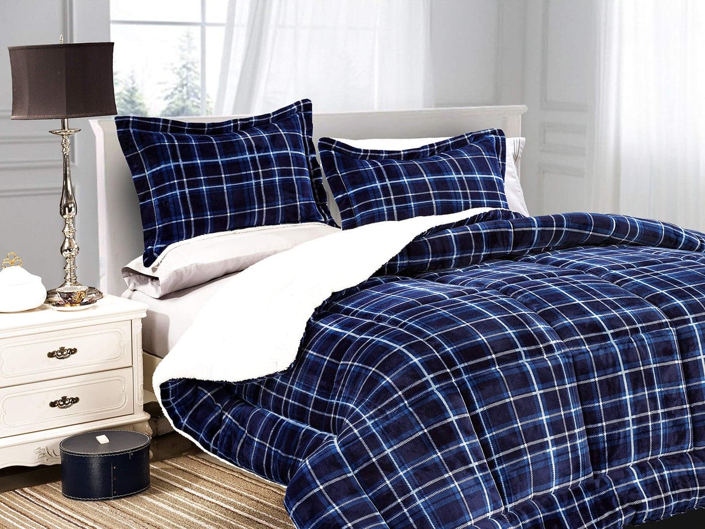 Elegant Comfort Softest Coziest Heavy Weight Plaid Pattern Micromink SherpaBacking Premium Quality Down Down Alternative MicroSuede 3Piece Reversible Comforter Set FullQueen Navy Blue