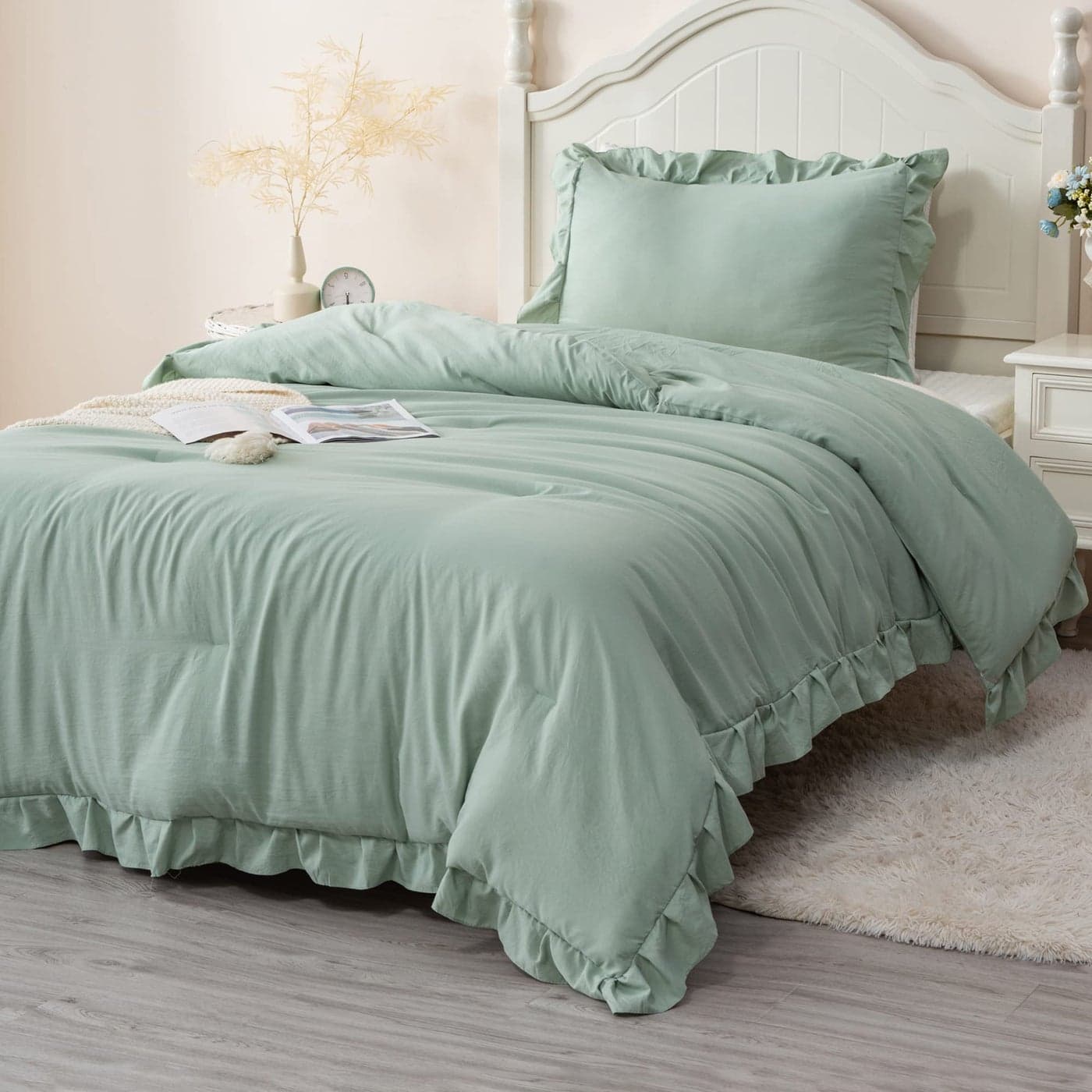 Andency Sage Green Comforter Set Full 3 Pieces Lightweight Soft Ruffle Bed Comforter Farmhouse Rustic Fluffy Microfiber Down Alternative Bedding Set 79x90Inch Comforter