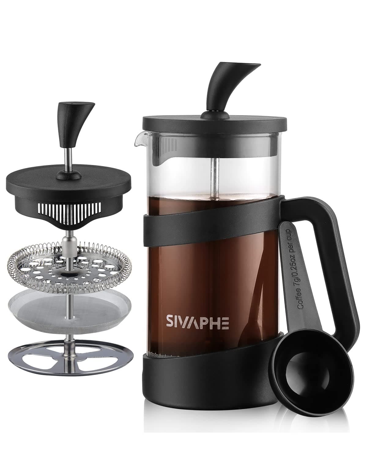 Sivaphe French Press Coffee Maker 350ml Cafetiere Coffee Plunger Black 12oz 12 Cup Small Tea Press Borosilicate Glass