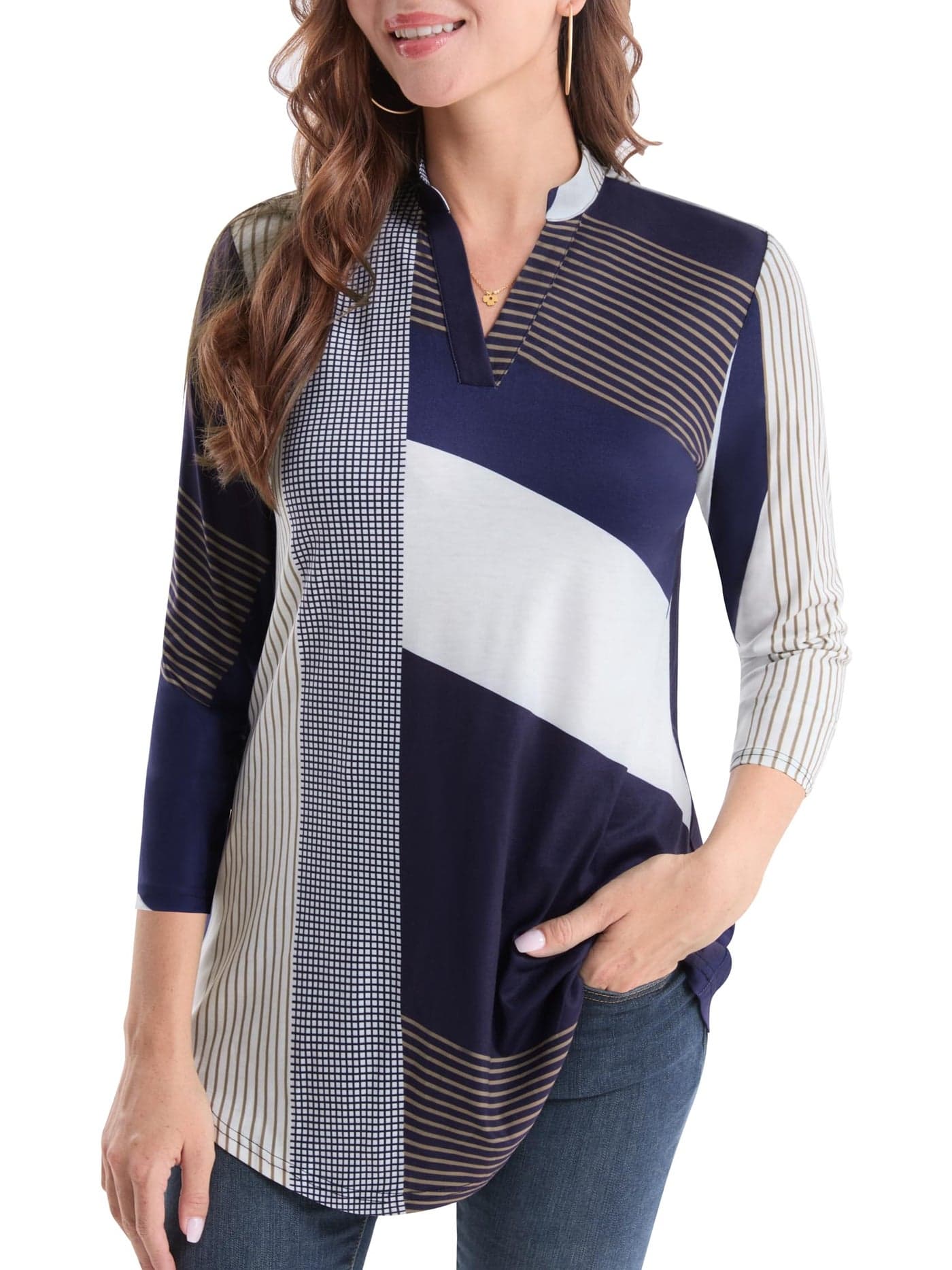BAISHENGGT Womens Tunics Notch V Neck Tops 3/4 Sleeve Work Blouses Dressy Casual Going Out Shirts Large Modern Block
