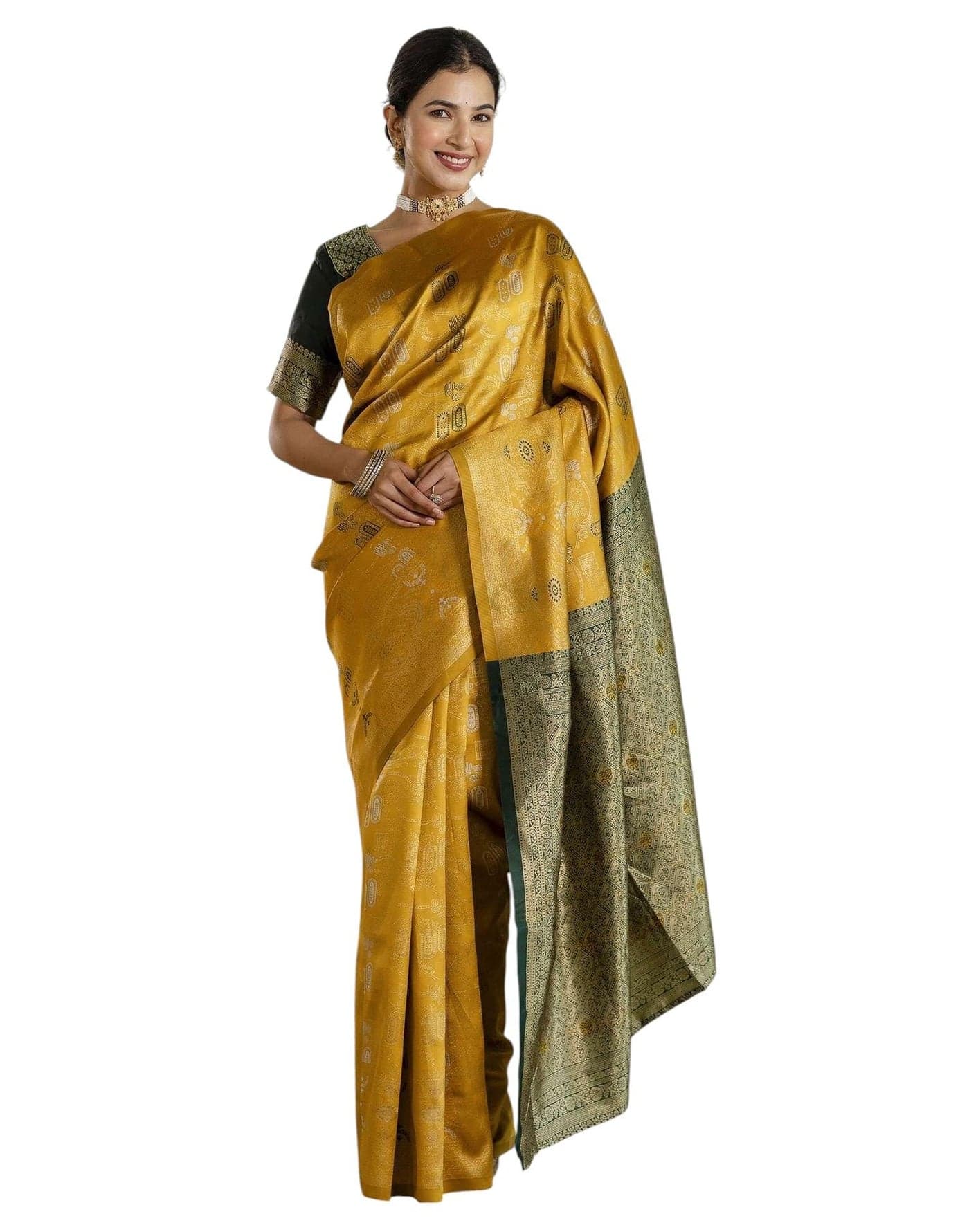 Shiv Textiles Women's Silk Blend Woven Kanjivaram Saree(SAT-657S-MUSTARD-YELLOW)